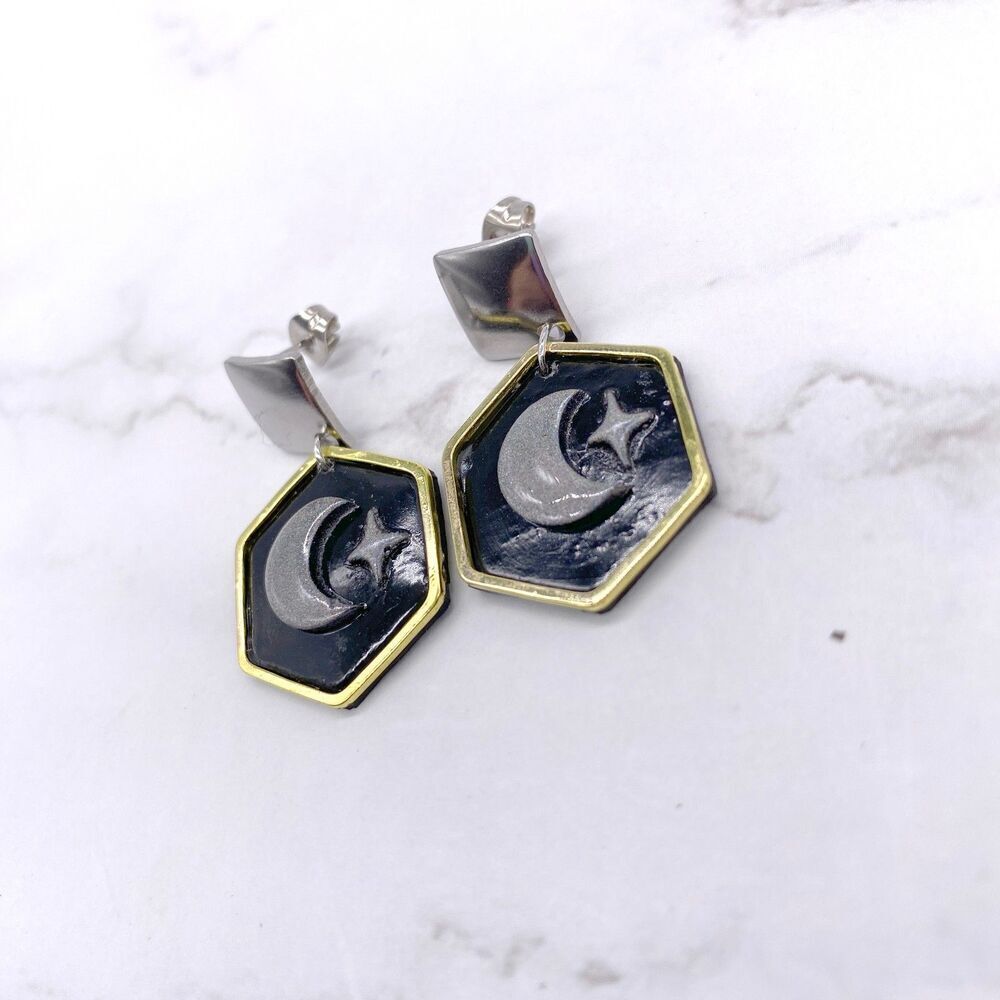 Black Holographic Celestial Crescent Moon Dangle Stud Earrings - Picture 1 of 15